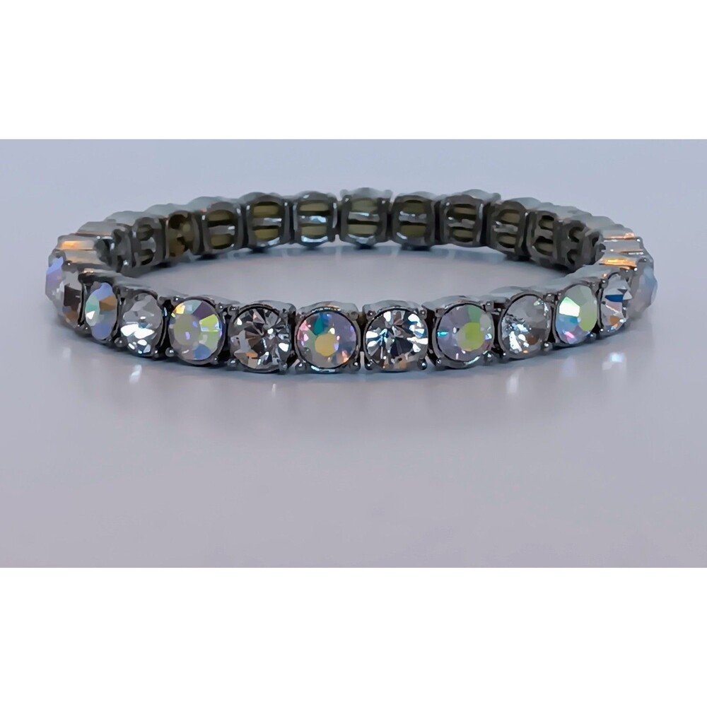 Silvertone Aurora Borealis & Clear Rhinestone Stretch Bracelet 6 in